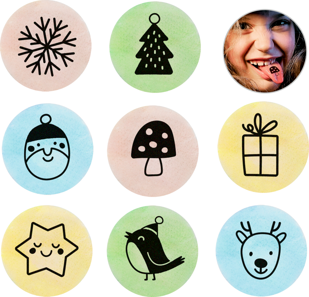 Acht kreisförmige Zungentattoos mit weihnachtlichen Symbolen und eine runde Abbildung eines Mädchens, das ein Zungentatto auf der Zunge hat.