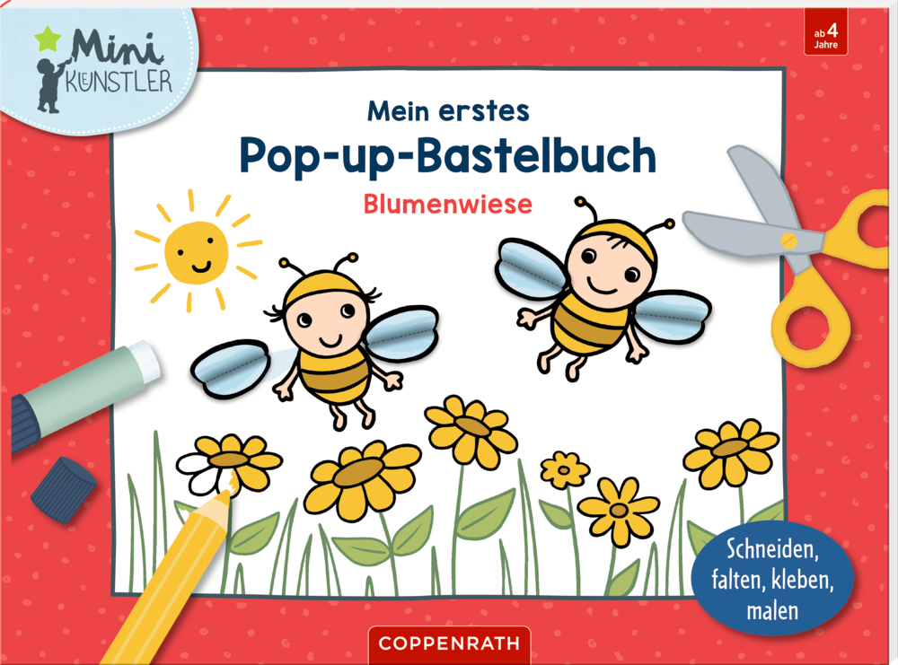 Mein erstes Pop-up-Bastelbuch: Blumenwiese (Mini-Künstler)  Pop-up-Bastelbuchumschlag mit Cartoon-Bienen, Blumen, Sonne und Bastelwerkzeugen auf rotem Hintergrund.