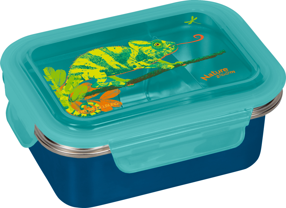 "Dunkelblaue Brotbox aus Metall mit türkisfarbenem, durchsichtigem Deckel, verziert mit einer grün-gelben Chamäleon-Illustration."