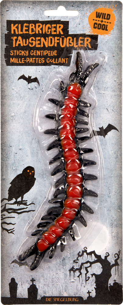 Klebriges rotes Tausendfüßlerspielzeug mit schwarzen Beinen in Plastikverpackung, mit einem gruseligen Hintergrunddesign.