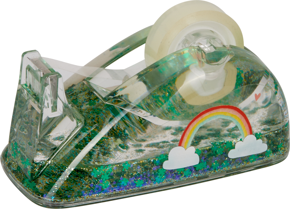 Glitzernder, durchsichtiger Klebebandspender mit Regenbogen- und Wolkenakzenten an der Seite.