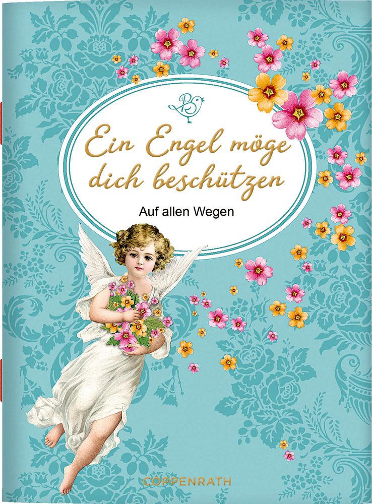 Vintage-Stil-Cover mit fliegendem Engel, rosa und orangenen Blumen und Text auf türkis gemustertem Hintergrund.