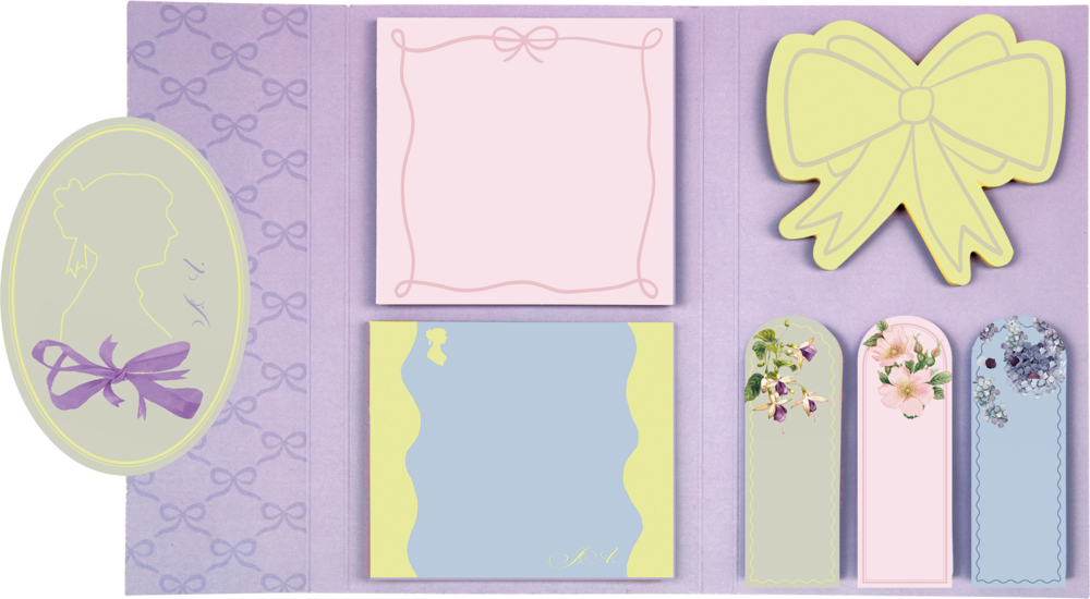 Pastellfarbene Haftnotizblöcke mit Schleife, Blumen und einer Jane Austen-Silhouette auf violettem Hintergrund.