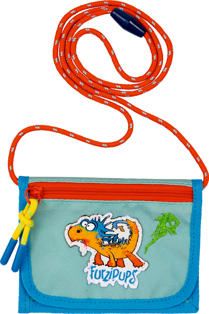 Brustbeutel - Furzipups Kleines blau-oranges Täschchen mit lustigem Drachen-Motiv und „FuzziPups“-Schriftzug an orangem Band.