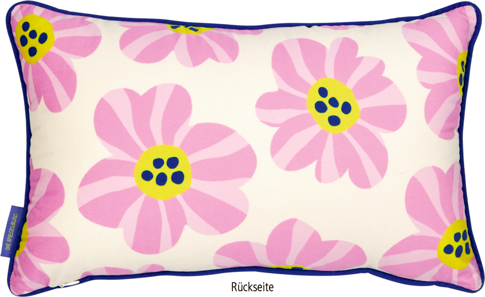 Rechteckiges Kissen mit rosa-gelbem Blumenmuster, weißer Fläche, blauem Rand und blauem Etikett.