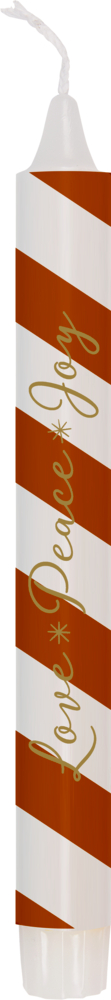 Weiße Kerze mit diagonalen roten Streifen und der goldenen Aufschrift „Joy Peace Love“.
