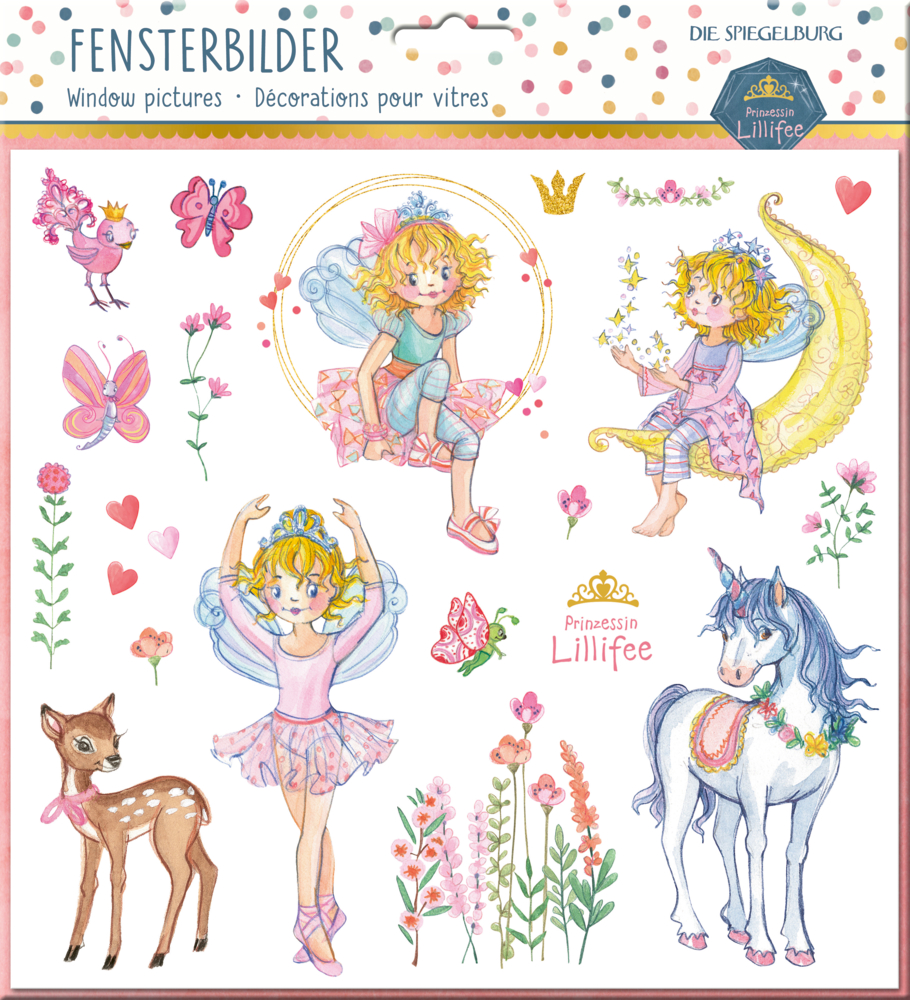 Fensterbilder - Prinzessin Lillifee Aufkleberbogen mit Feenmädchen, Einhorn, Reh, Blumen, Schmetterlingen und Kronen und dem Text „Prinzessin Lillifee“.