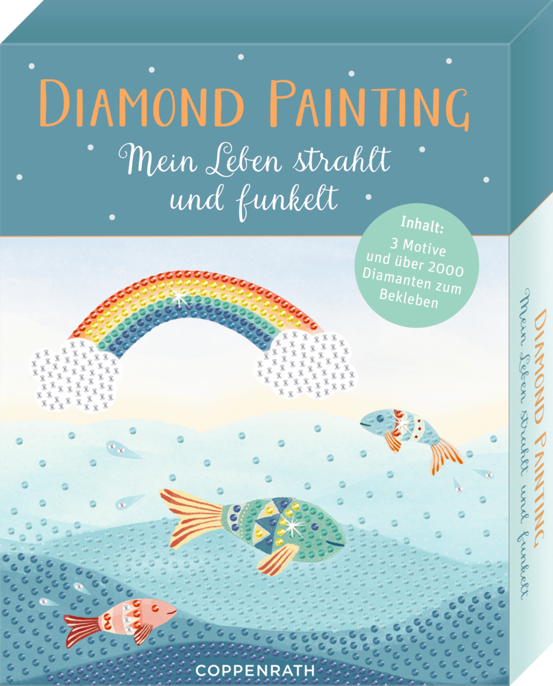 Diamond Painting - Mein Leben strahlt und funkelt Diamond Painting Kit-Box mit Regenbogen, drei Fischen und dekorativem deutschen Text auf dem Deckel.