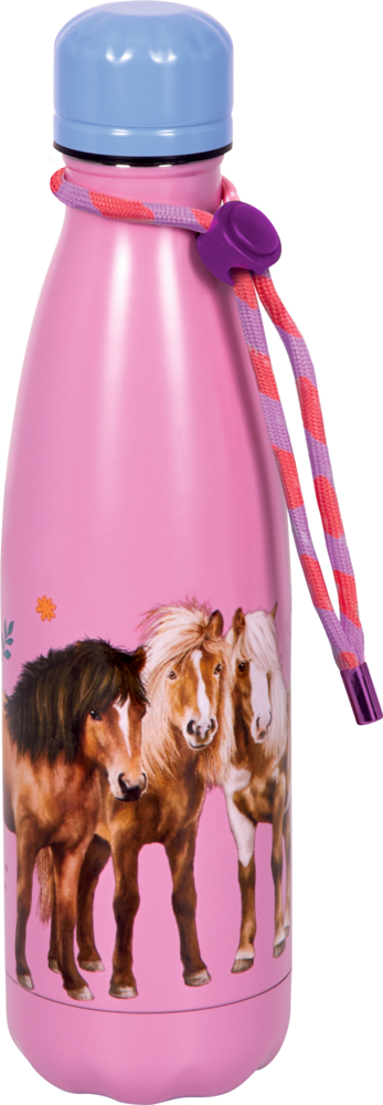 Isolierflasche life is better... - Pferdefreunde Rosa Wasserflasche mit hellblauem Deckel, rosa Riemen und Bildern von drei Pferden an der Seite.
