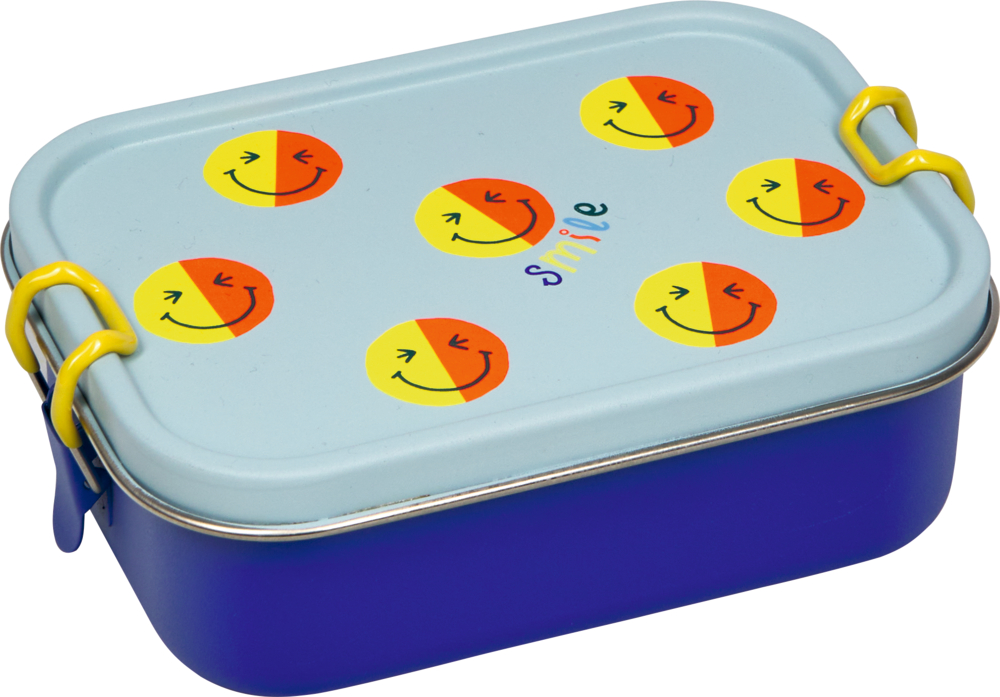 Blaue Lunchbox mit hellblauem Deckel, darauf Smiley-Gesichter und der Schriftzug smile in bunten Buchstaben.