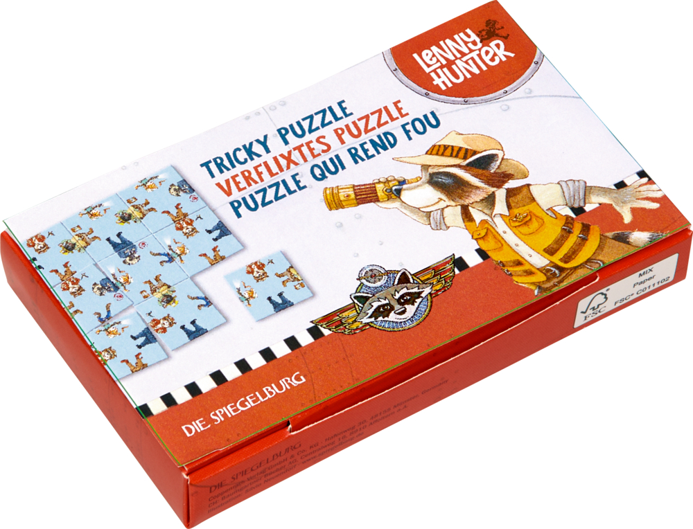 Verflixtes Puzzle - Lenny Hunter Rechteckige Schachtel der Abbildung eines Puzzles und einem Waschbären im Abenteuer-Outfit.