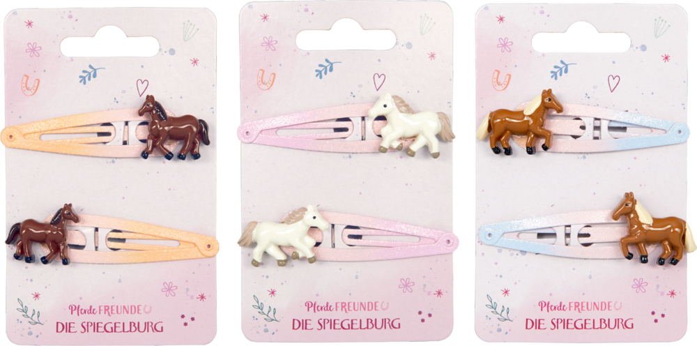 Drei verschiedene Sets aus jeweils zwei Haarspangenpaaren mit kleinen Pferdefiguren und Farbverlauf in pastellrosa, pfirsich und hellblau.