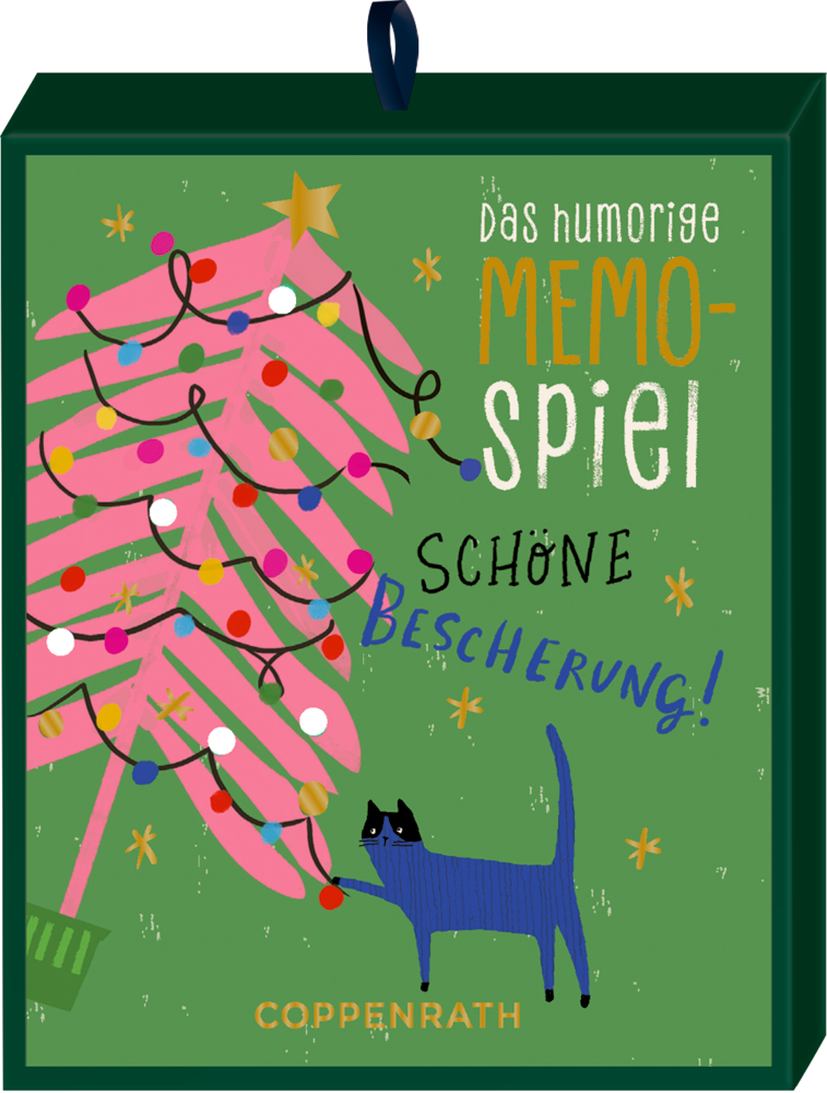 Grüne Spielbox mit pinkem Weihnachtsbaum, bunter Lichterkette, blauer Katze und goldener Schrift.