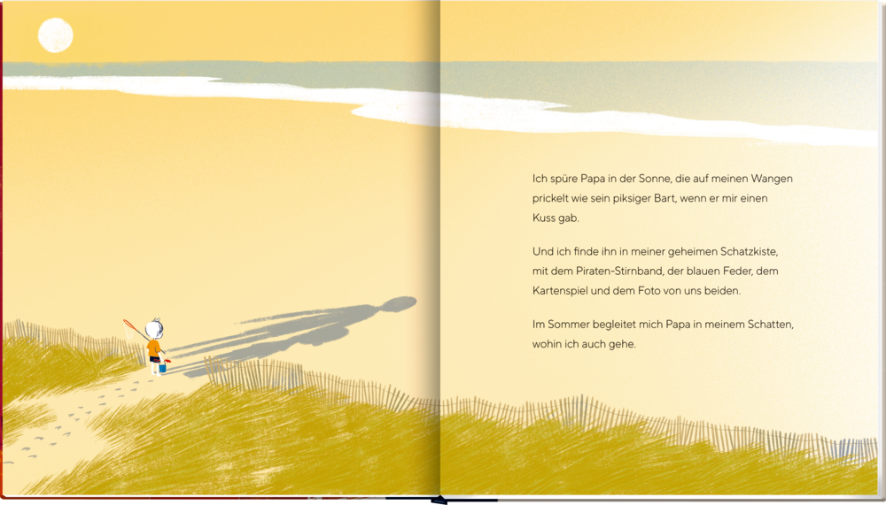 Ein Kind geht mit einem Käscher am Sandstrand entlang und wirft unter einem gelben Himmel einen langen Schatten, mit  Text auf einer Innenansicht.