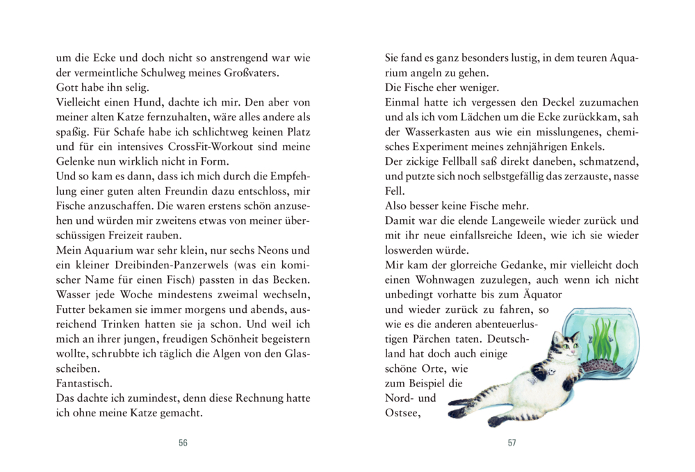 Zwei Buchseiten  mit Text und einer kleinen Zeichnung von einer Katze die neben einem Goldfischglas liegt.