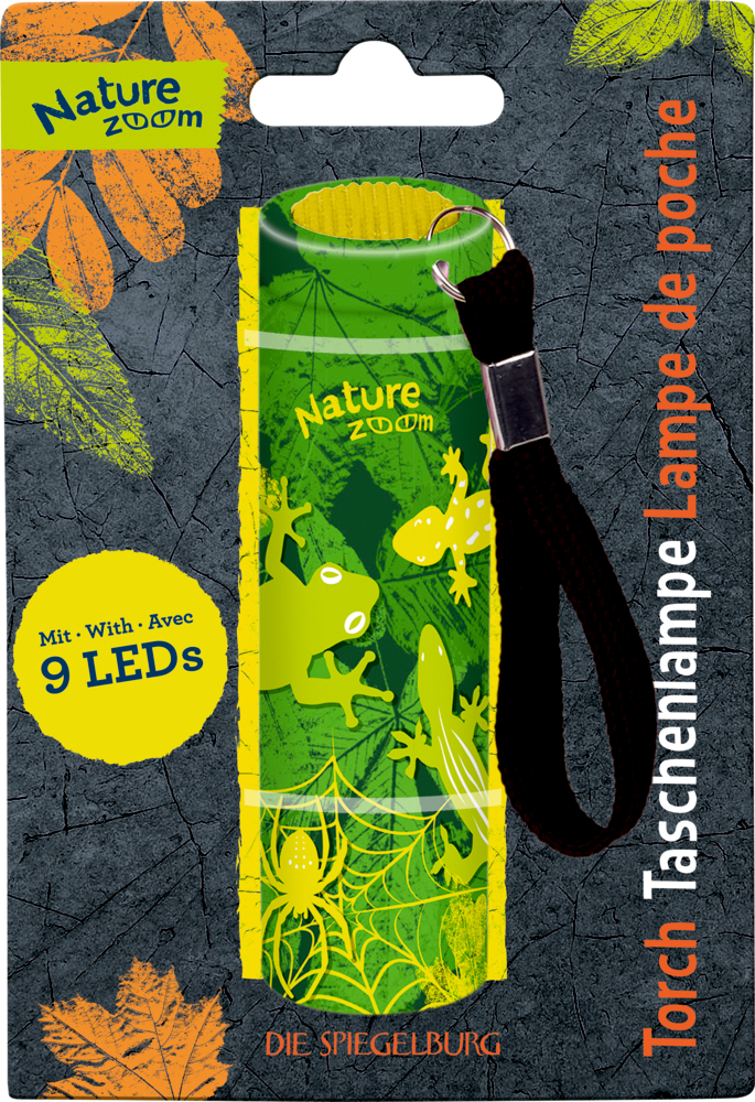 Grüne Nature Zoom LED-Taschenlampe mit Tiermotiven, schwarzem Band, in einer Verpackung.