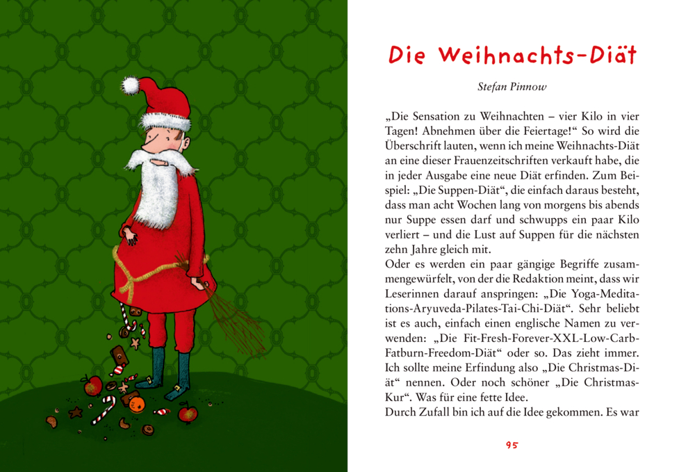 Seite, auf der rechts eine Geschichte ist und links ein trauriger Weihnachtsmann der Süßigkeite verliert.