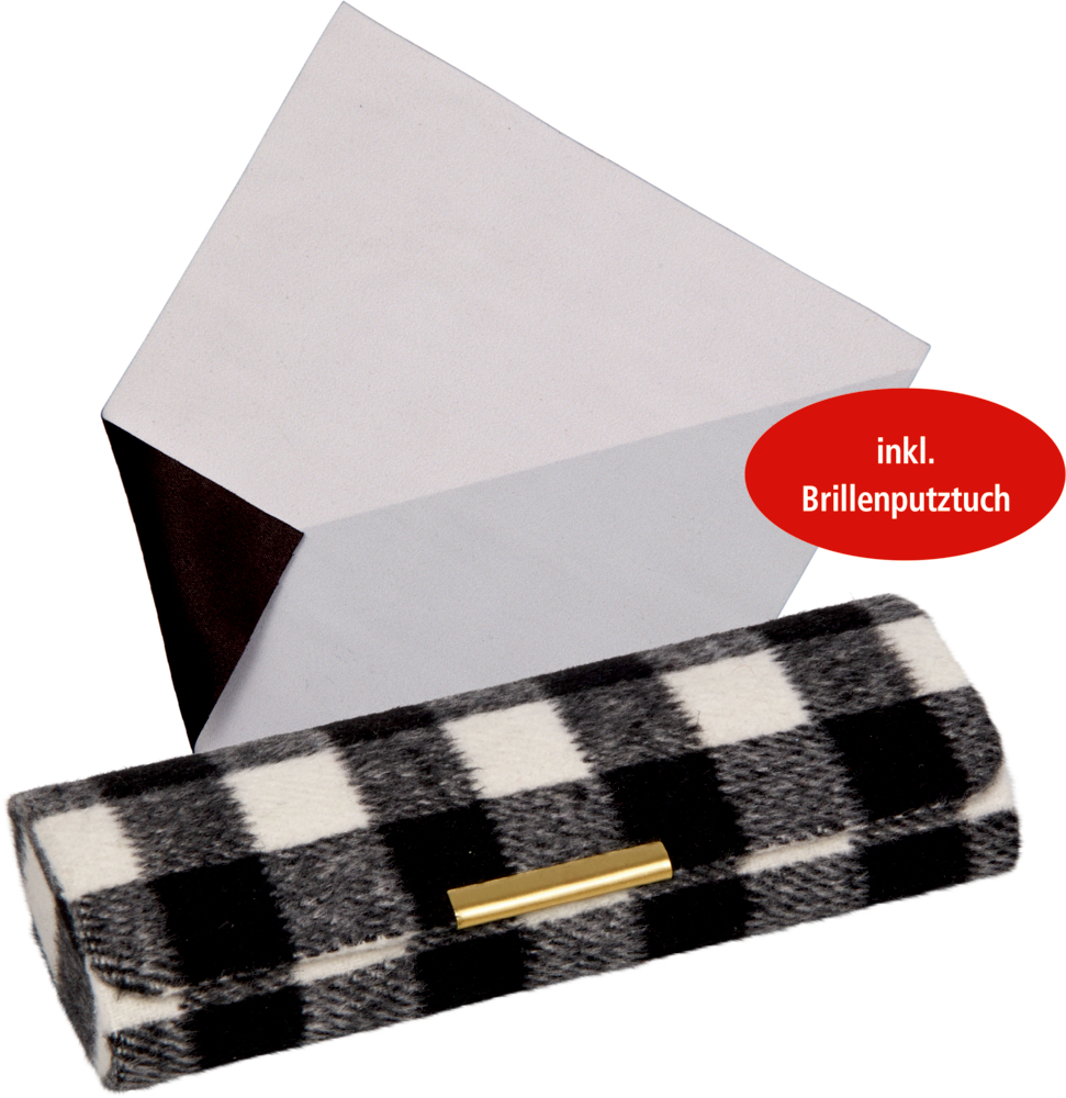 Kariertes Brillenetui mit goldenem Verschluss und rotem Etikett: „inkl. Brillenputztuch“.