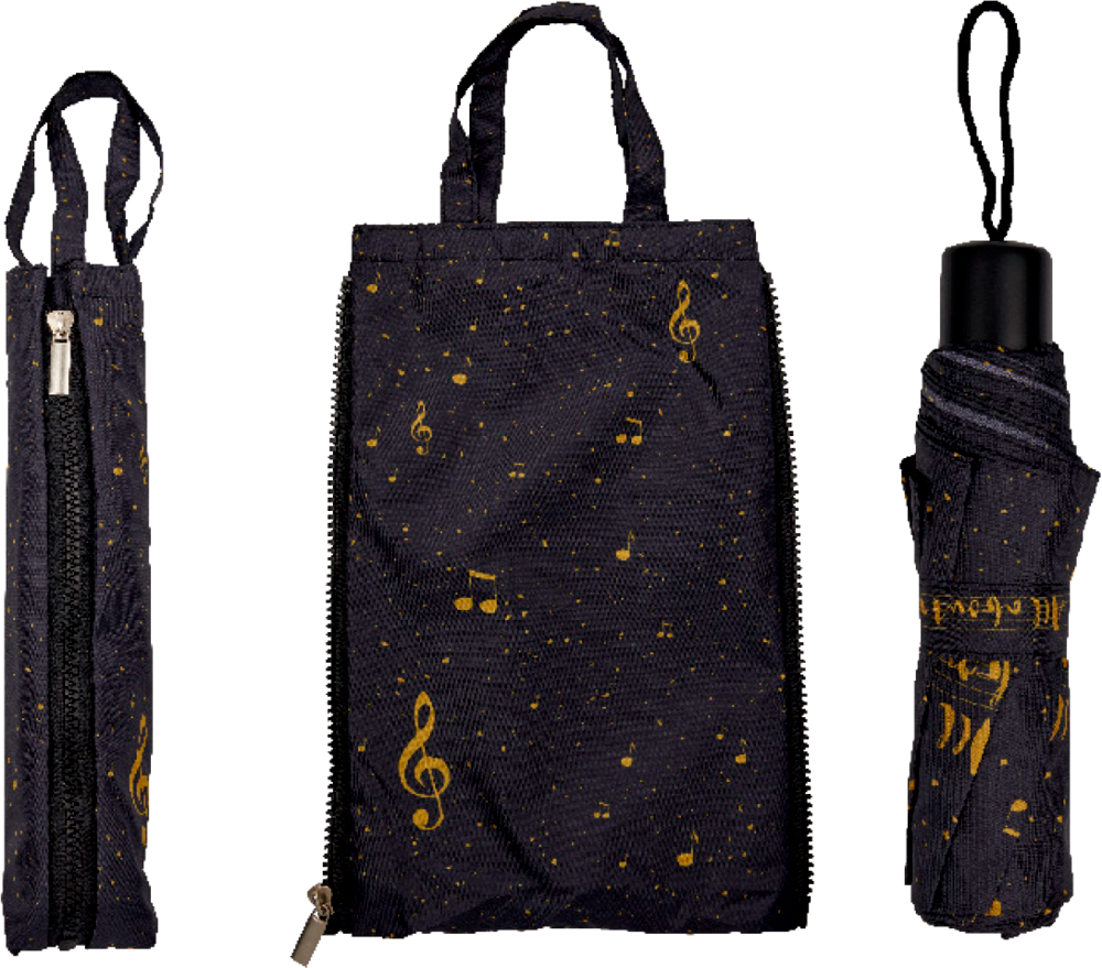 Schwarzer Regenschirm mit goldenen Musiknoten und Notenschlüsseln, geschlossen abgebildet in der dazu passenden Tasche.