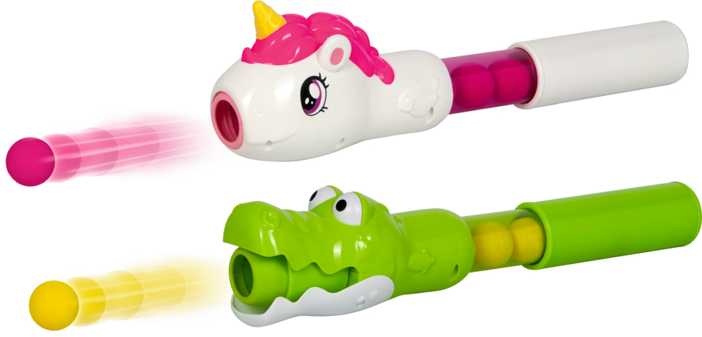 Spielzeug-Einhorn und Krokodil-Schaumstoffball-Shooter, bunte Schaumstoffbälle kommen aus den Mäulern.