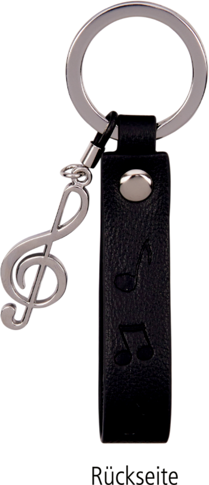 Silberner Violinschlüssel-Schlüsselanhänger mit schwarzem Lederband, eingeprägte Noten sichtbar.