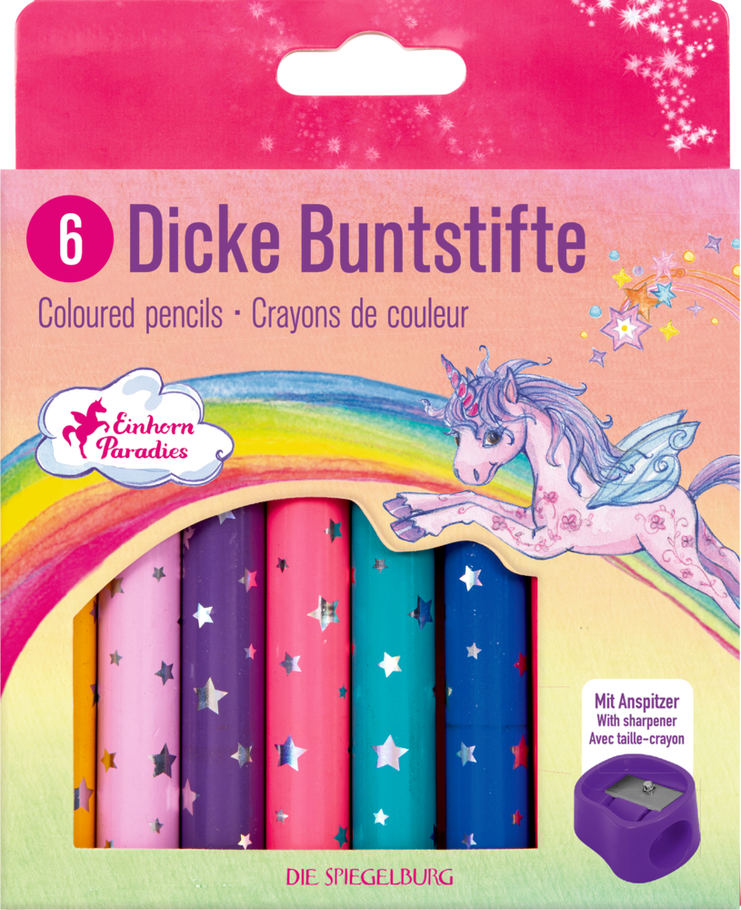 Dicke Buntstifte - Einhorn-Paradies Sechserpack Buntstifte mit Sternmuster, Einhorn und Regenbogen auf der Verpackung.