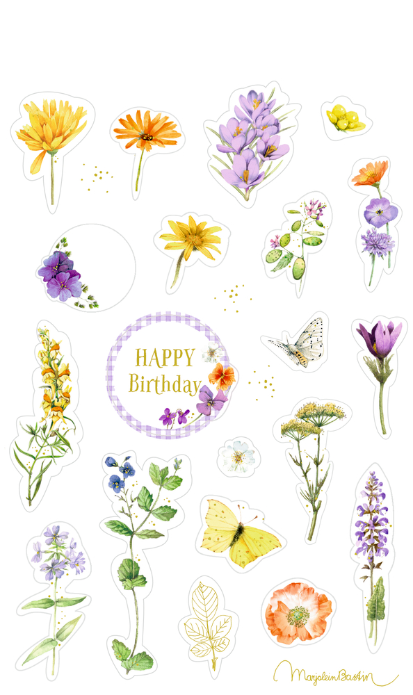 Aquarellblumen, Schmetterlinge und „Happy Birthday“-Text auf weißem Hintergrund.