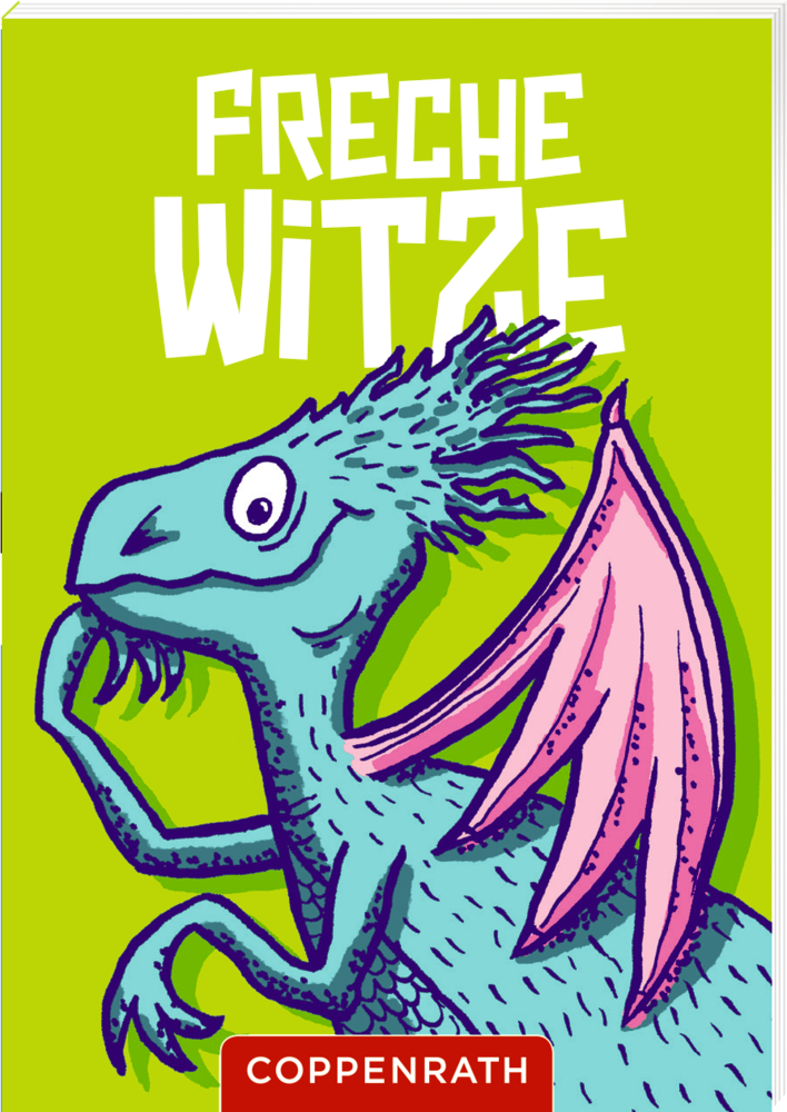 Auf einem grünen Buchcover mit dem Titel „Freche Witze“ grinst ein schelmischer Comic-Drache mit rosa Flügeln.