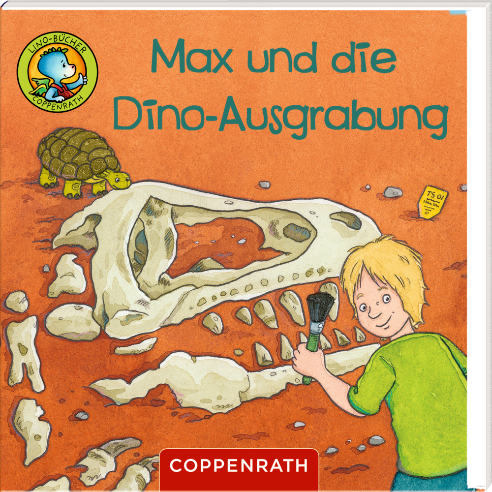 Auf dem Cover von "Professor Supertüftel und der verflixte Dino" ist ein erschrockener Professor, zwei Kinder und ein grüner Dinosaurier in einer lebhaften, rauchigen Laborszene.