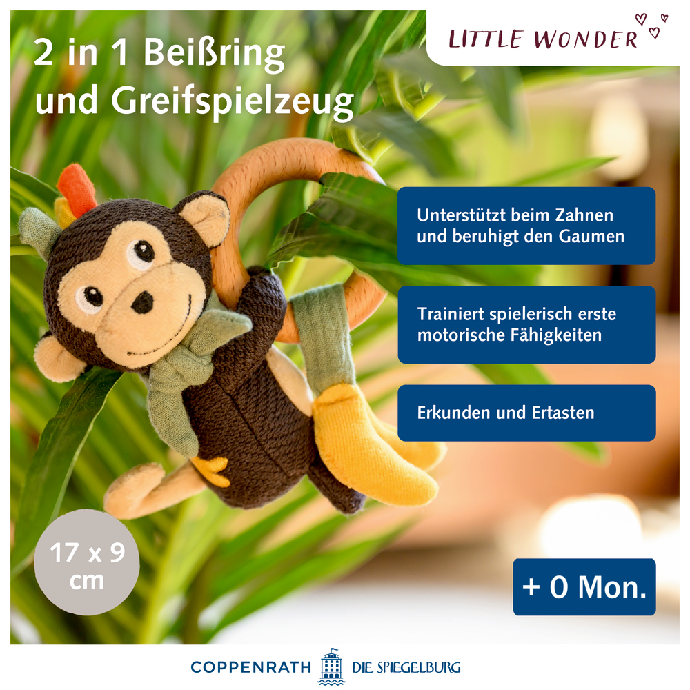Plüsch-Affe als Greif- und Beißspielzeug: weiches Material, fördert Motorik und Zahnung.