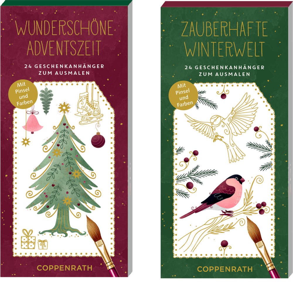 Zwei weihnachtliche Malsets mit Zubehör und Beschriftungen von Coppenrath.