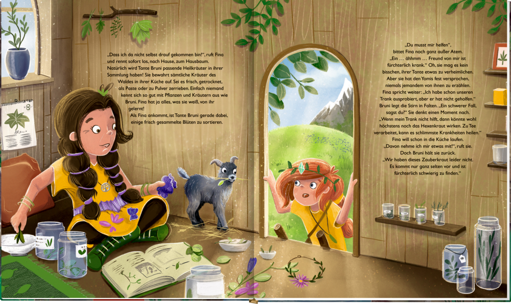 Ein Mädchen sitzt mit Kräutern und Gläsern auf dem Boden und ein anderes Mädchen und eine Ziege schauen durch die offene Tür, auf einer Doppelseite mit Text.