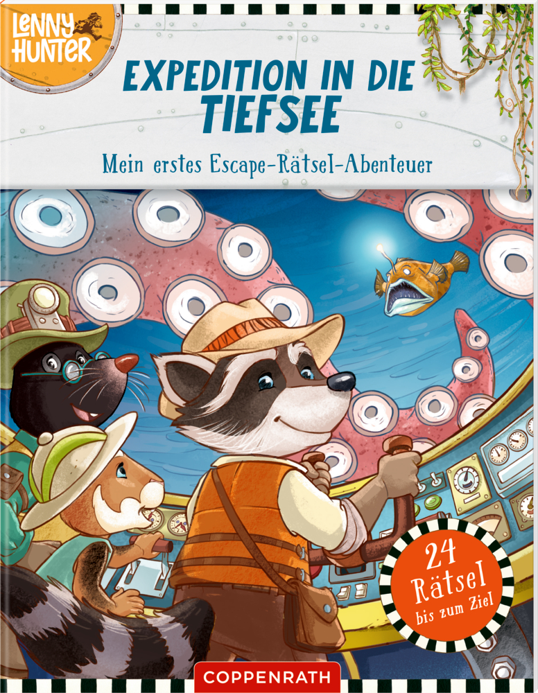 Escape-Rätsel-Abenteuer: Expedition in die Tiefsee - Lenny Hunter Waschbär, Maulwurf und Hamster in einem U-Boot tief unter Wasser, umgeben von Meeresbewohnern und Bedienfeldern, auf dem Cover von "Expedition in die Tiefsee".