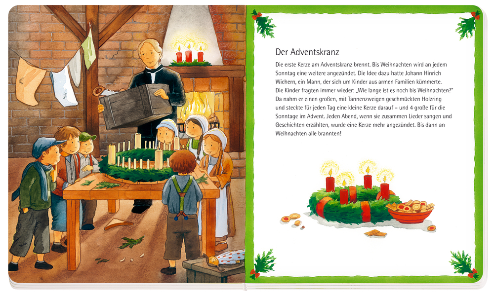 Kinder und ein Erwachsener basteln gemeinsam in einem festlich geschmückten Raum einen Adventskranz.