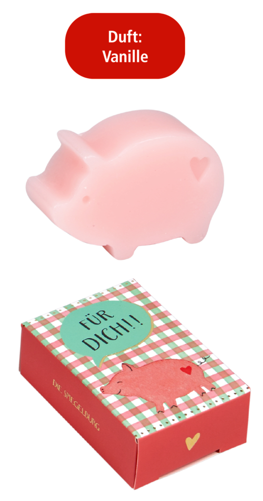 Rosa Seife in Schweinchenform mit Herzmotiv und passender rot-karierter Verpackung mit Schweinchen-Illustration, Textfeld "Duft Vanille".