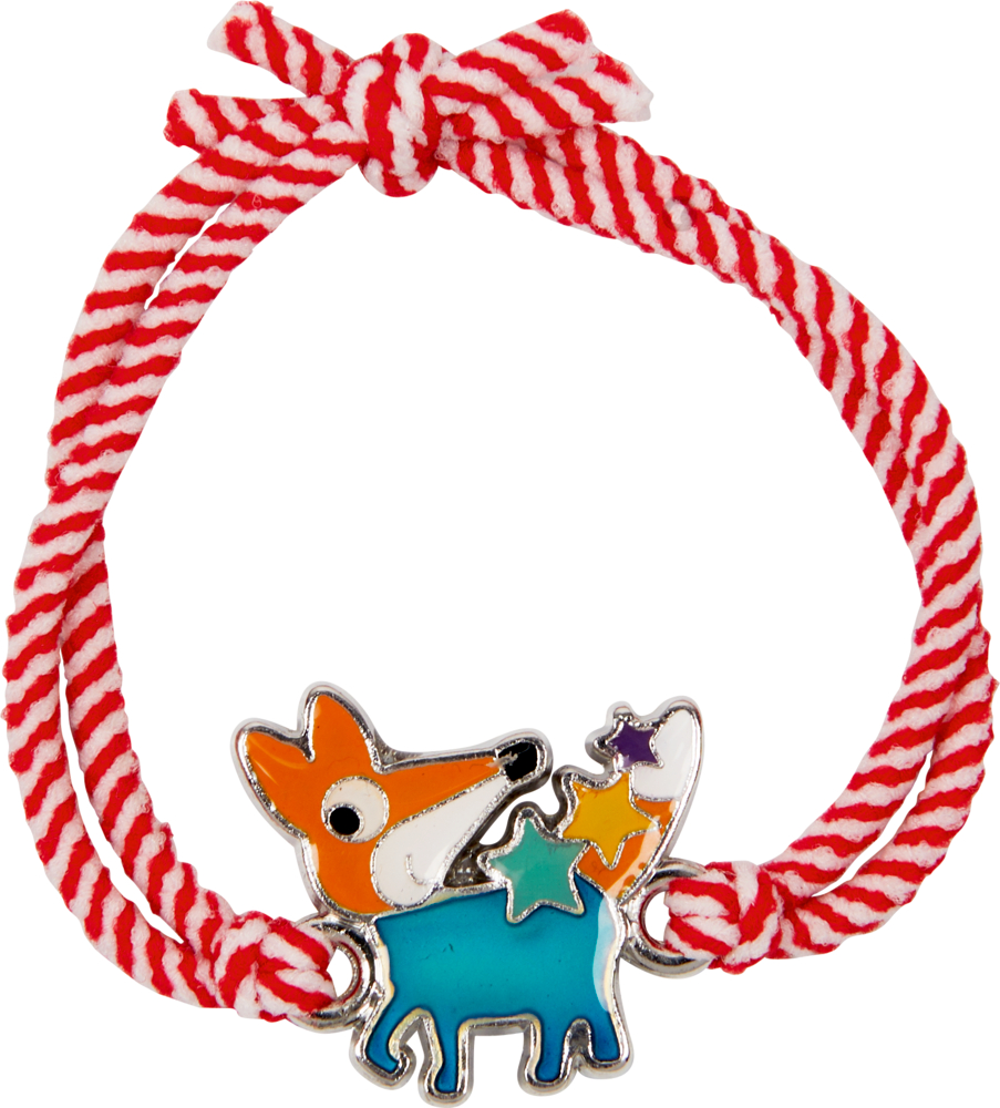 Rot-weißes geflochtenes Armband mit einem bunten Fuchsanhänger.