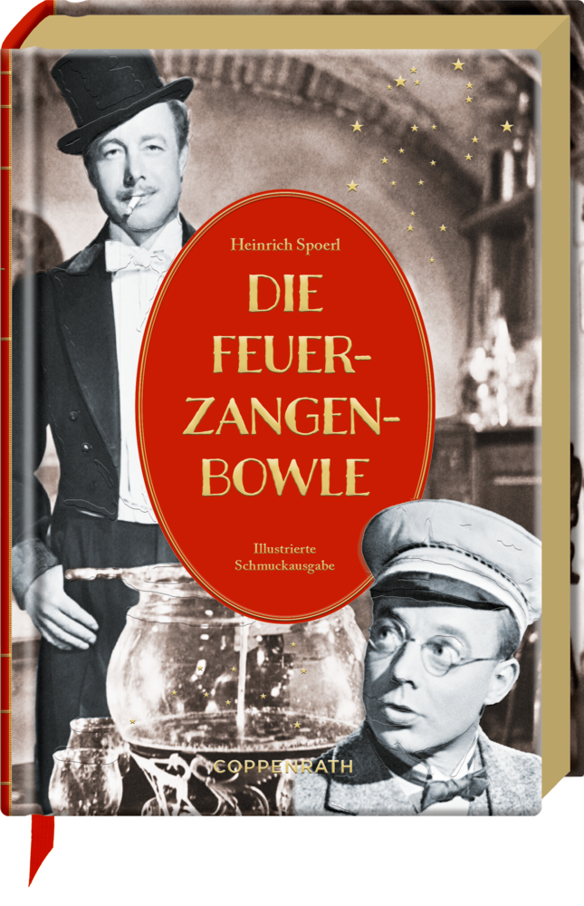 Buchcover von Die Feuerzangenbowle mit zwei Männern in Vintage-Kleidung und einer großen Bowle im Vordergrund.