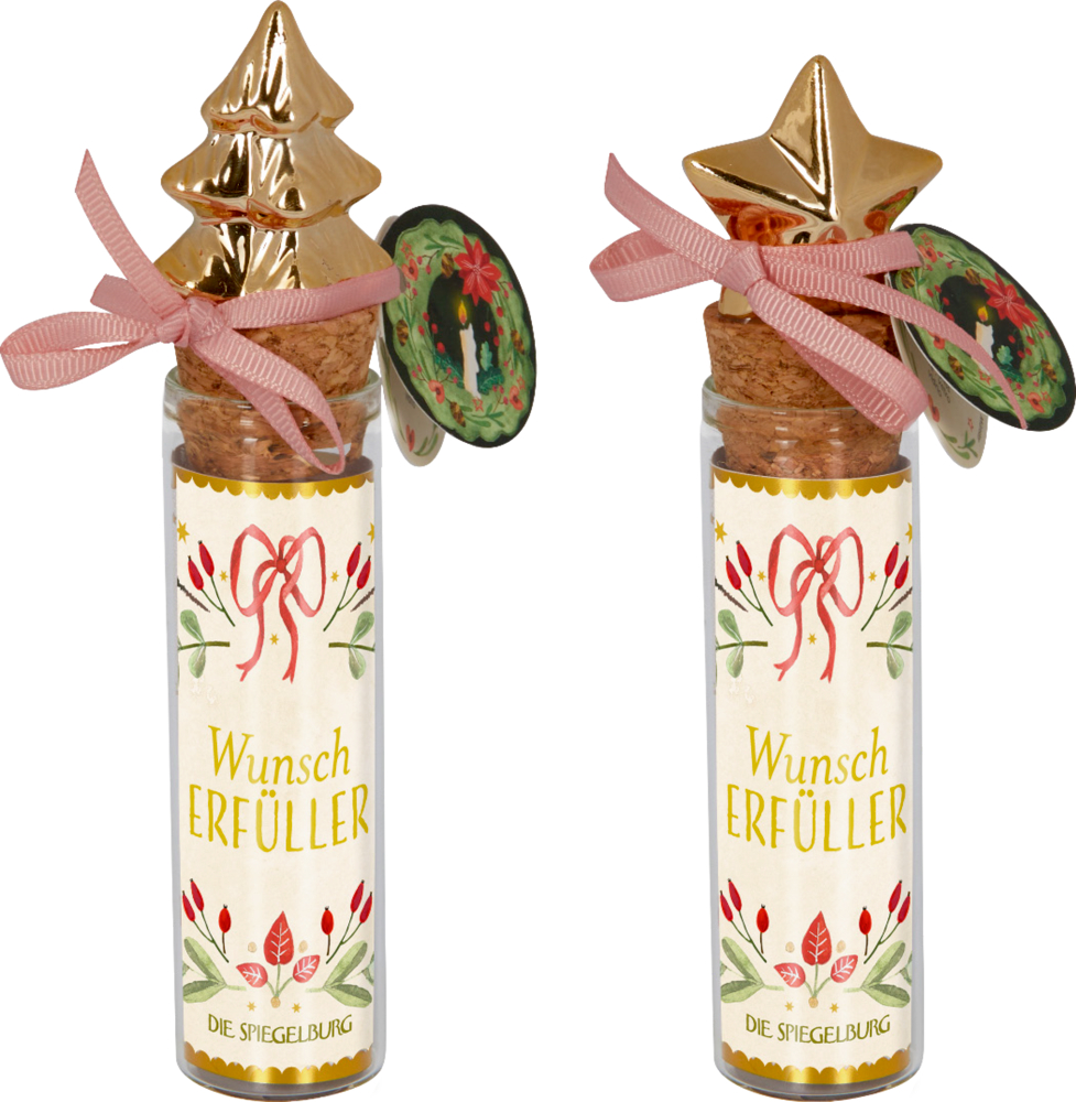 Zwei Glasfläschchen mit Korken, goldenem Verschluss, rosafarbenen Schleifen und festlichen „Wunsch Erfüller“-Etiketten.