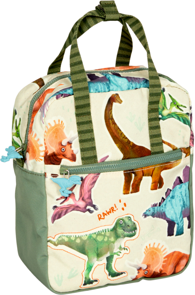 Rucksack Dino - Dino Friends Kinderrucksack mit farbenfrohen Dinosaurier-Aufdrucken, grünen Riemen und einer Reißverschlusstasche vorne.