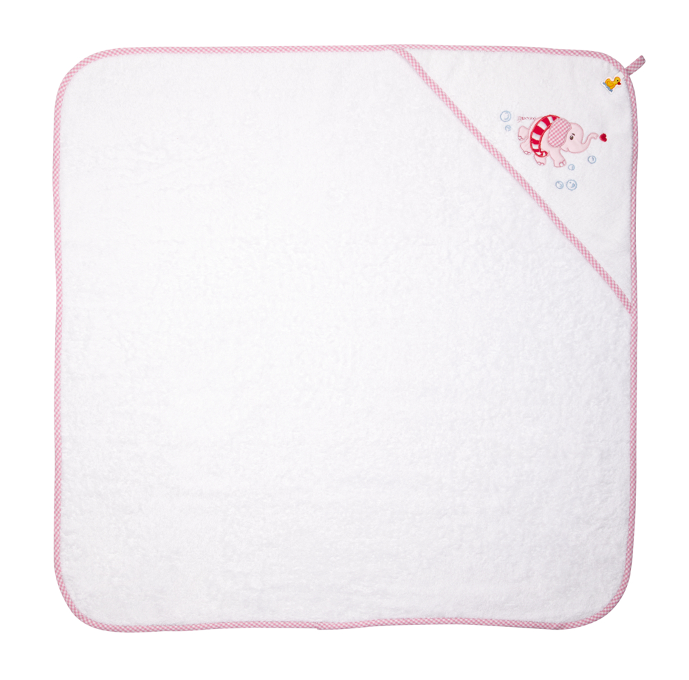 Kapuzenbadetuch Elefant, rosa - BabyGlück (ca. 80x80 cm) Weißes Babyhandtuch mit rosa Rand, Eckkapuze und süßem Wal-Seifenblasen-Design.