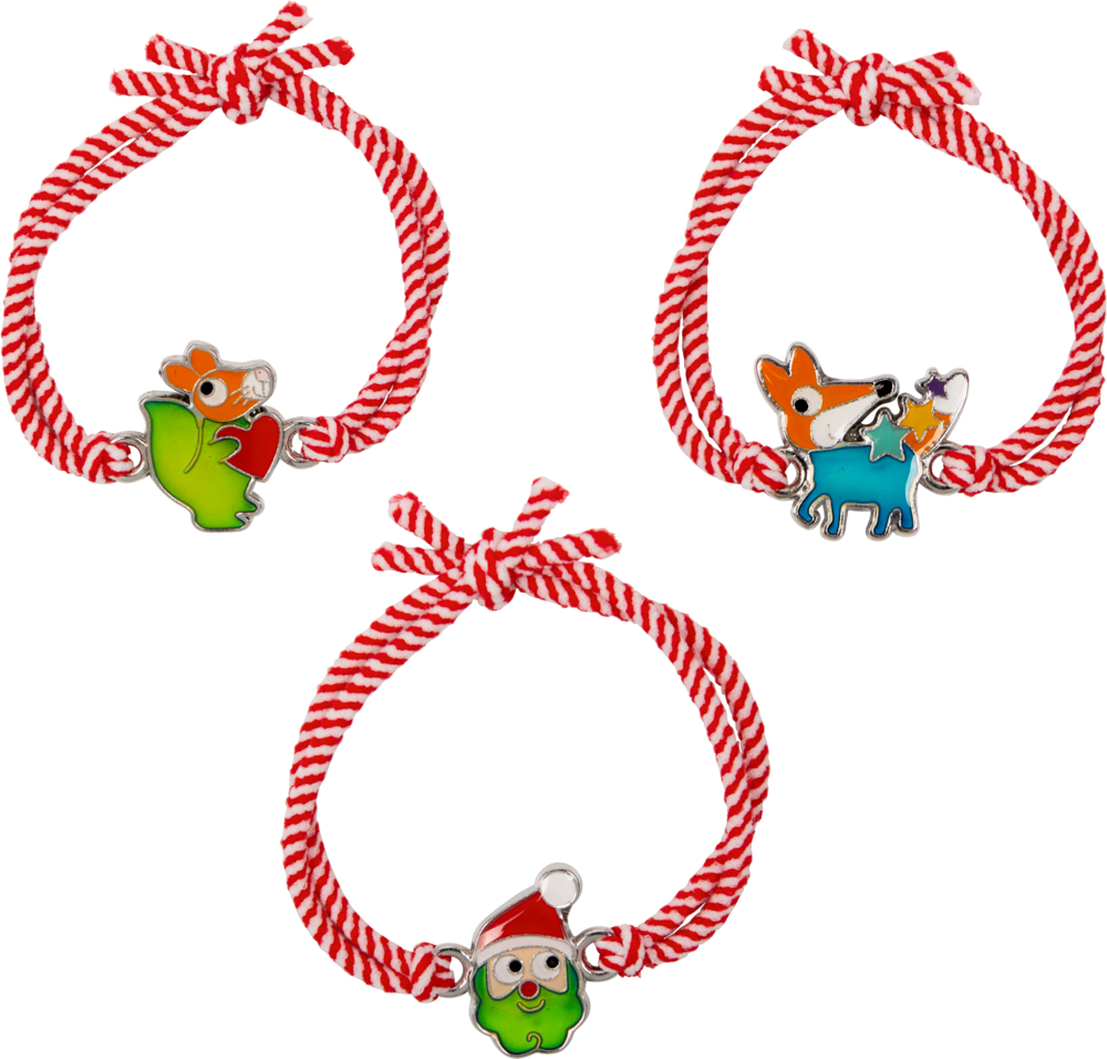 Drei rot-weiße Kordelarmbänder mit bunten Tier- und Weihnachtsmann-Anhängern.