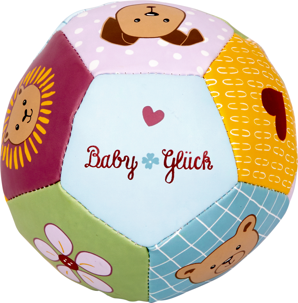 Softball - BabyGlück Bunter Patchwork-Babyball mit Tiergesichtern, Herzen, Blumen und der Aufschrift „Baby Glück“ auf einer Seite.