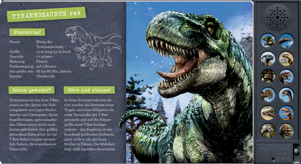 Ein brüllender T-Rex steht in einem Wald, eine Kurzinfo erscheint auf der linken Seite.