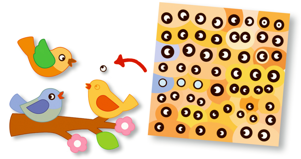 Drei bunte Papiervögel sitzen auf einem Ast. Daneben ein Stickerbogen mit Augen, mit denen die Vögel beklebt werden können.