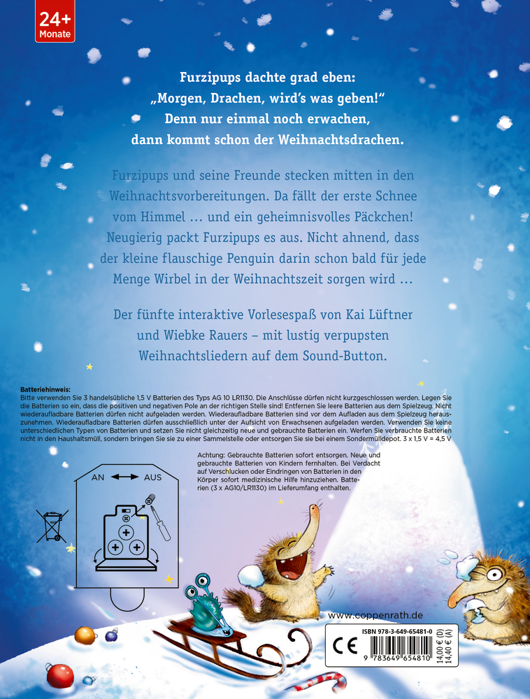 Bunte Winterillustration mit zwei Fantasiewesen im Schnee, eines auf einem Schlitten, mit Schneeflocken und Sternen vor blauem Hintergrund.