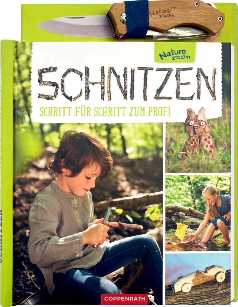 Schnitzen Buchcover auf dem ein Junge Holz mit einem Klappmesser schnitzt, umgeben von Bildern eines Holzhandwerksprojekts im Freien mit dem Titel "Schnitzten".
