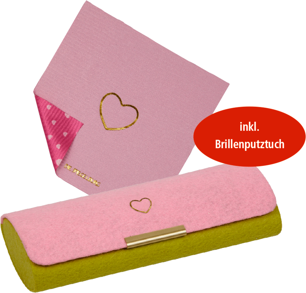 Brillenetui mit Putztuch - Herz Rosa Putztuch und rosa-günes Brillenetui mit goldenem Verschluss. Beides mit goldenem Herzsymbol.