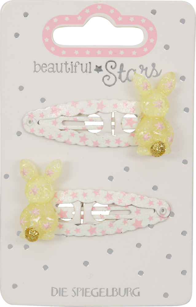 Zwei weiße Haarclips mit rosa Sternen und gelben Hasen auf einer gepunkteten Karte, Aufschrift beautiful Stars.