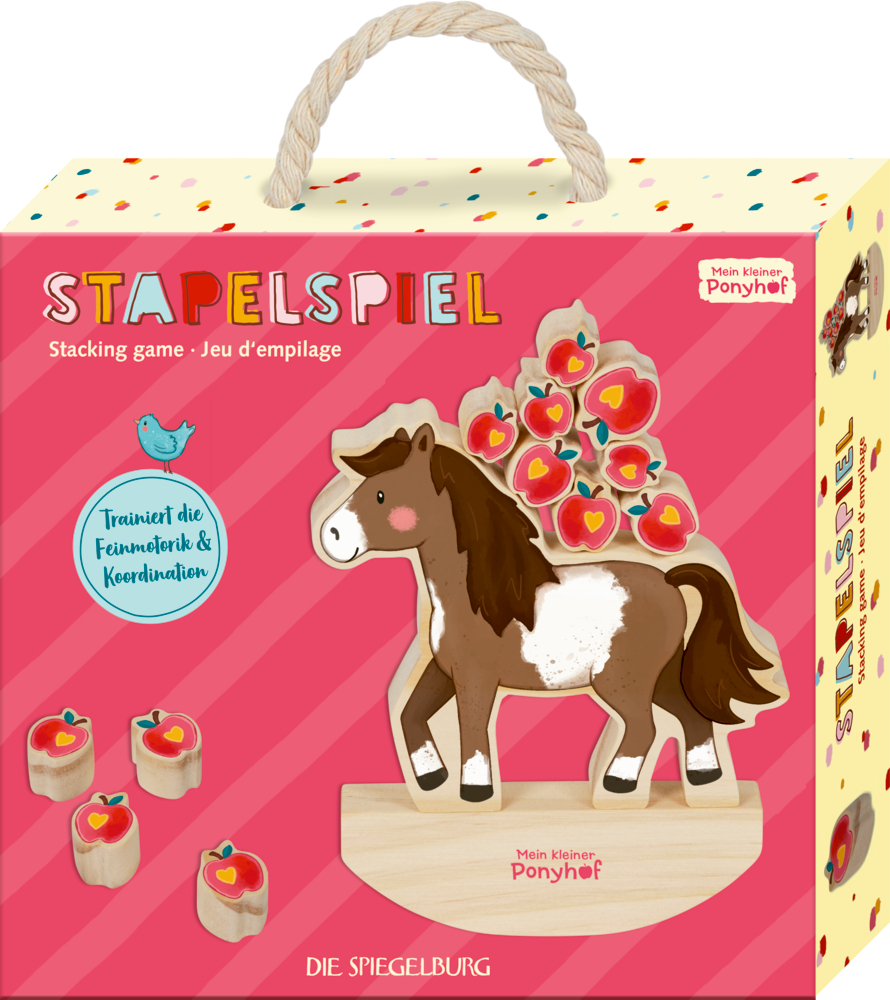 Schachtel für Stapelspiel mit Pferdefigur und Apfelstücken, beschriftet mit „Stapelspiel“, auf rosa gestreiftem Untergrund.