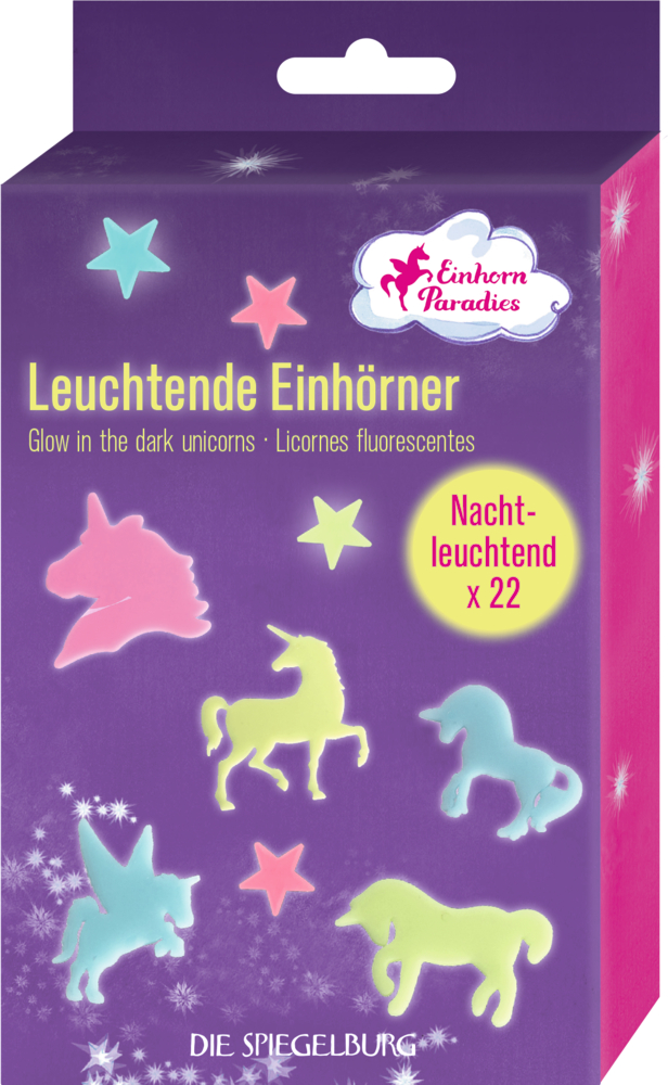 Leuchtende Einhörner - Einhorn-Paradies (Nachtleuchtend) Lilafarbene Schachtel mit 22 im Dunkeln leuchtenden Einhorn- und Sternformen, beschriftet mit „Leuchtende Einhörner“.